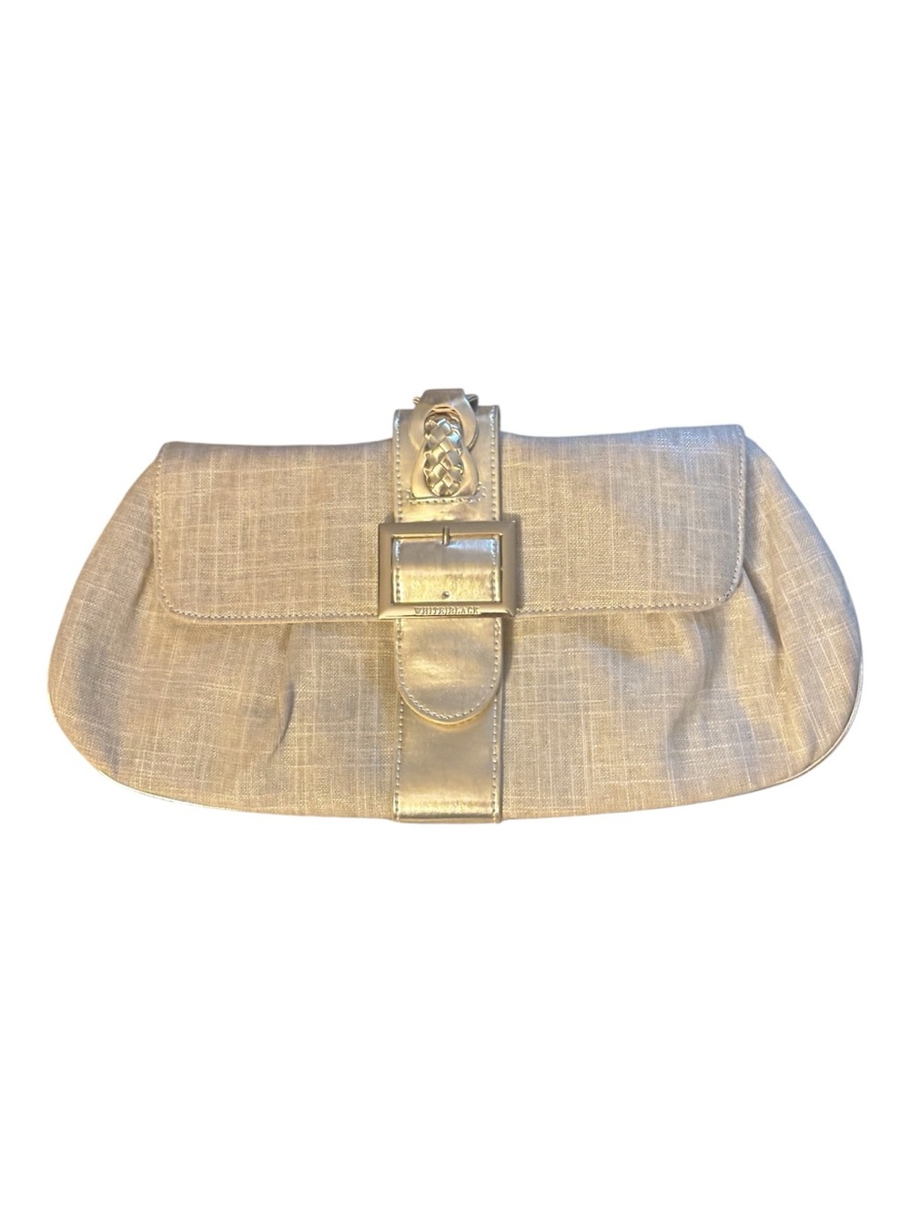 White House Black Market Cream Linen-Textured Clutch with gold Buckle-like new